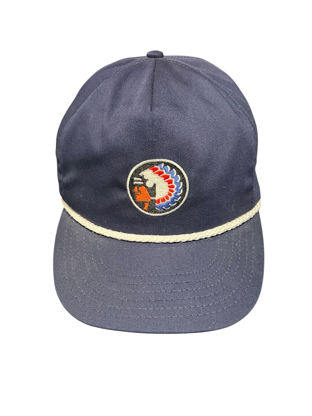 Vtg navy blue rope hat with circular embroidered Native American patch - Picture 2 of 8